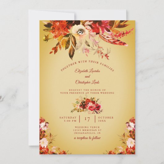 Herbst Splendor florale Golden Washed Wedding Einladung (Vorderseite)