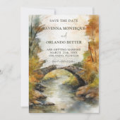 Herbst-Steinbrücke-Fluss-Blätter-Hochzeit Save The Date (Vorderseite)