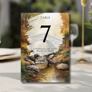 Herbst-Steinbrücke-Fluss-Blätter-Hochzeit Tischnummer
