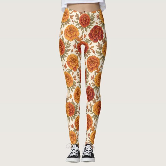 Herbst-Tagetes-Blumenmuster Leggings (Vorderseite)