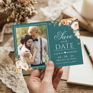 Herbst Teal Gold Orange Florale Foto Hochzeit Save The Date