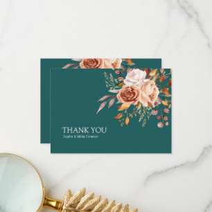 Herbst Teal Wasserfarbe Terrakotta Florale Hochzei Dankeskarte