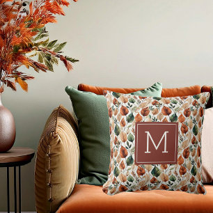 Herbst-Terrakotta- und Salbeiblätter-Monogramm-Mus Kissen
