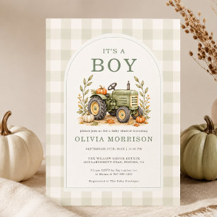 Herbst-Traktor Es ist ein Junge Gingham-Baby-Party Einladung