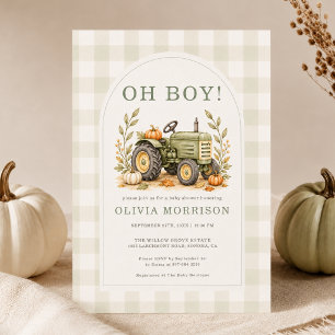 Herbst-Traktor Oh Boy Gingham-Baby-Party Einladung