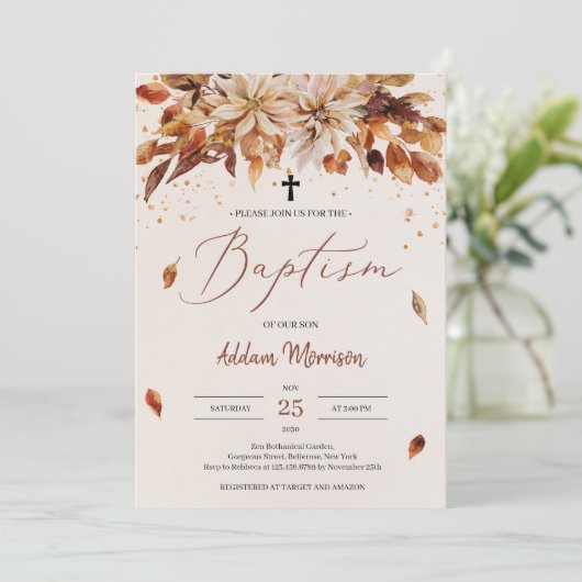 Herbst und Fall Orange Blume Marigold Taufe Einladung (Stehend Vorderseite)