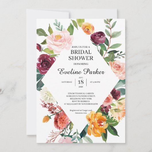 Herbst und Herbst Blush Burgund Orange Blume Einladung (Vorderseite)