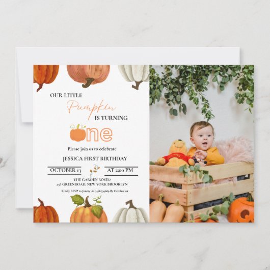 Herbst unser kleiner Kürbis, der einen ersten Gebu Einladung (Vorderseite)