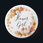Herbst verlässt Kürbis-Blumen-Mädchen Button<br><div class="desc">Unser Herbst-Blumenmädchenhochzeits-Partyknopf kennzeichnet Blätter eines schönes Herbstes u. winden Kürbise mit einem Hand beschrifteten Skript.
 Besichtigen Sie unser Geschäft,  um unseren Herbstlaub u. Kürbissammlung anzusehen.</div>