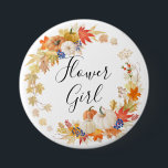 Herbst verlässt Kürbis-Blumen-Mädchen Button<br><div class="desc">Unser Herbst-Blumenmädchenhochzeits-Partyknopf kennzeichnet Blätter eines schönes Herbstes u. winden Kürbise mit einem Hand beschrifteten Skript.
 Besichtigen Sie unser Geschäft,  um unseren Herbstlaub u. Kürbissammlung anzusehen.</div>