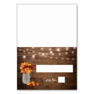 Herbst verlässt Mason Jar Lights Wood Wedding Plac Tischnummer