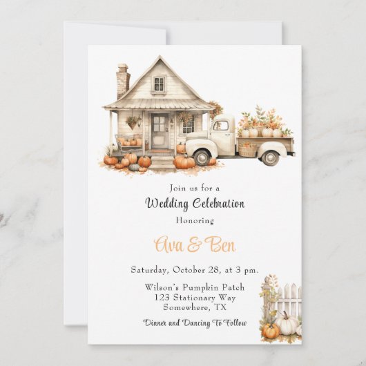 Herbst Vintager LKW mit Pumpkins House Wedding Einladung (Vorderseite)