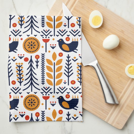 Herbst-Vogel-Volkskunst-Muster Geschirrtuch (Viertel Falte)