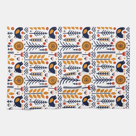 Herbst-Vogel-Volkskunst-Muster Geschirrtuch (Horizontal)