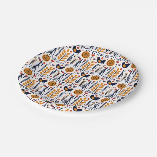 Herbst-Vogel-Volkskunst-Muster Pappteller (Schrägansicht)