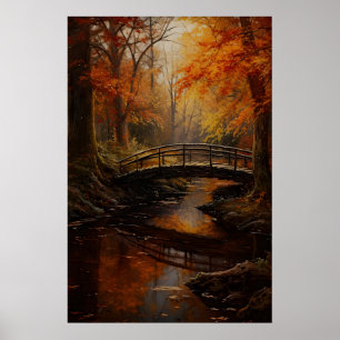 Herbst-Wald-Bach-Brücke-Kunst-Druck Dunkel Poster