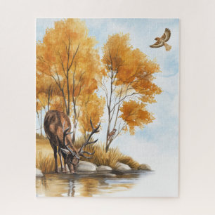 Herbst-Wald-Bach-Hirsche-und-Habichte-Natur Puzzle