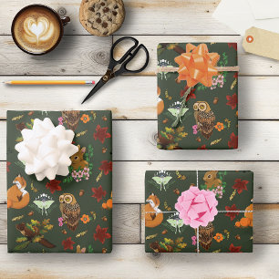 Herbst-Wald-Forsttiere Grünes Muster Geschenkpapier Set