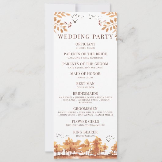 Herbst-Waldbaum-Blätter Hochzeitsprogramme (Rückseite)