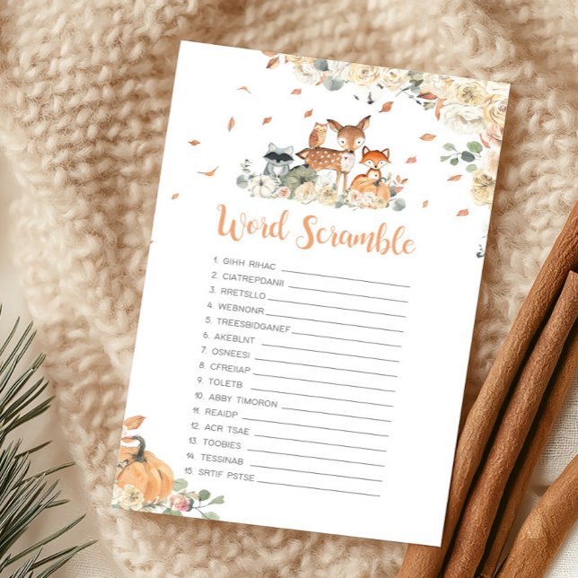 Herbst-Waldtier-Wortverwirrspiel (Floral Woodland Animals Baby Shower Word Scramble Game)