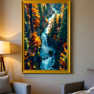 Herbst-Wasserfall im Canyon – Lebendiger Wald in l Leinwanddruck