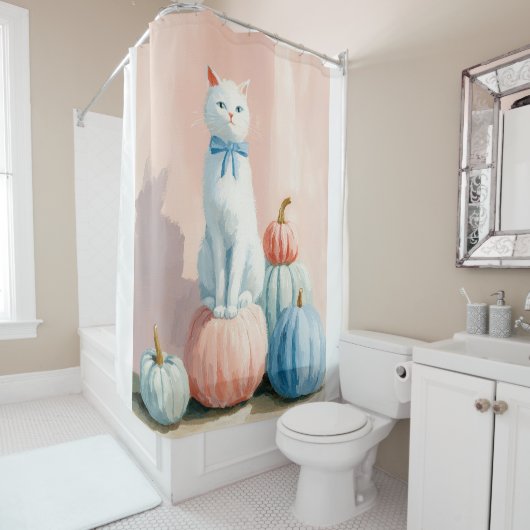 Herbst Weißkatze mit Pumpkins Duschvorhang (Beispiel)