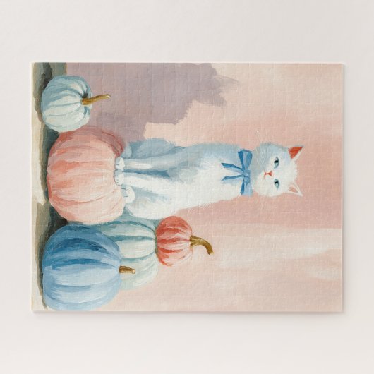 Herbst Weißkatze mit Pumpkins Puzzle (Horizontal)