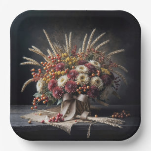 Herbst Weizenhalme und Mum Bouquet Pappteller