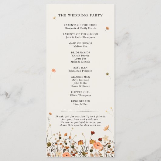 Herbst Wildblume Garden Floral Boho Hochzeit Programm (Rückseite)