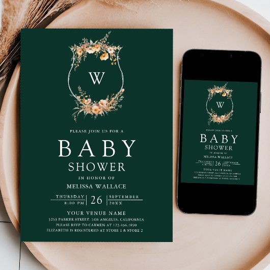 Herbst Wildblume QR Code Emerald Green Baby Shower Einladung