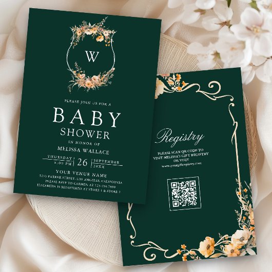 Herbst Wildblume QR Code Emerald Green Baby Shower Einladung