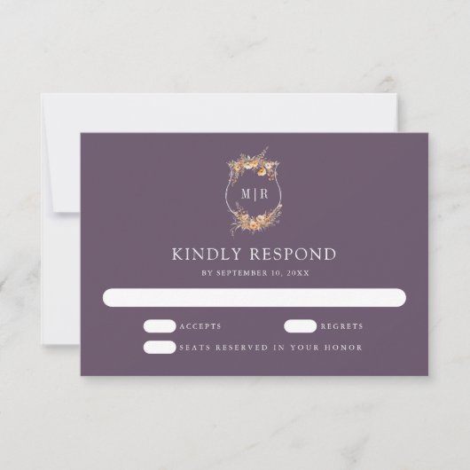 Herbst Wildblume Wappen Dusty Lila Hochzeit RSVP Karte (Vorderseite)