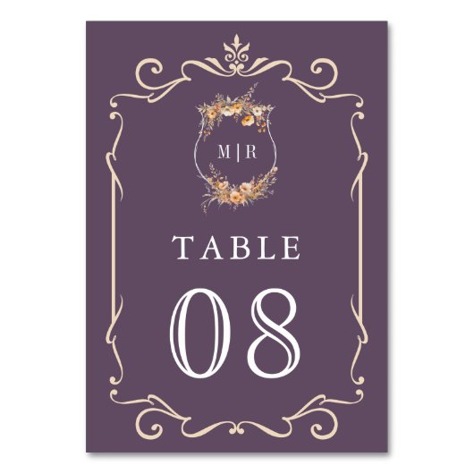 Herbst Wildblume Wappen Dusty Lila Hochzeit Tischnummer (Vorderseite)