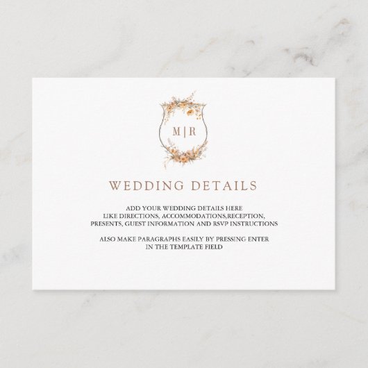 Herbst Wildblume Wappen Hochzeitsdetails Begleitkarte (Vorderseite)