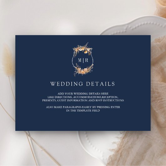 Herbst Wildblume Wappen Navy Blue Wedding Details Begleitkarte