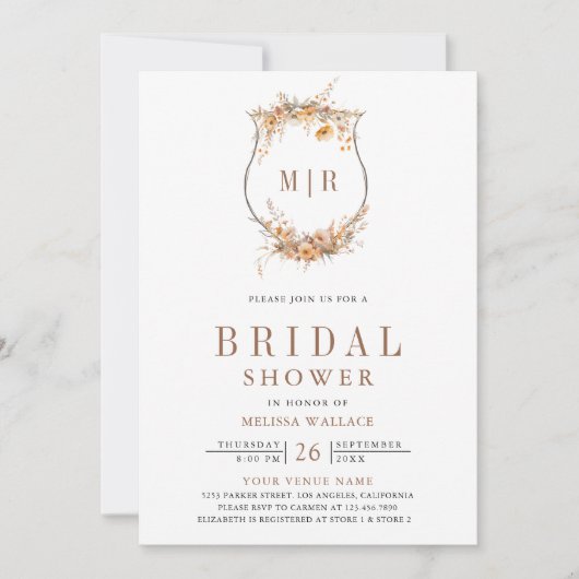 Herbst Wildblume Wappen QR Code Brautparty Einladung (Vorderseite)