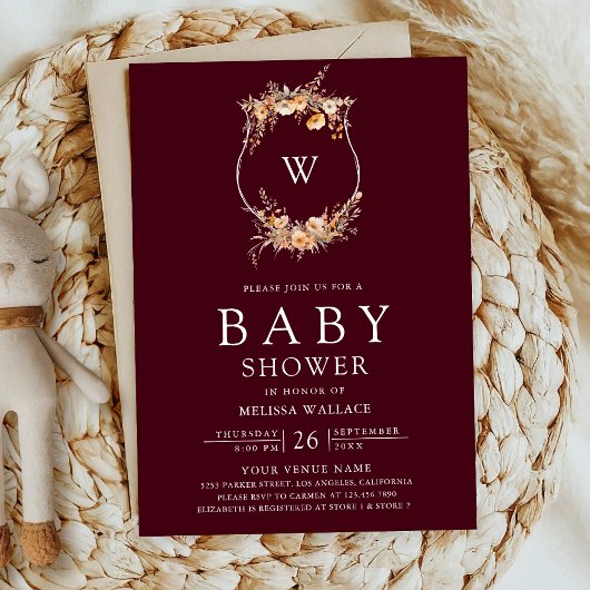 Herbst Wildblume Wappen QR Code Burgundy Kinderdus Einladung