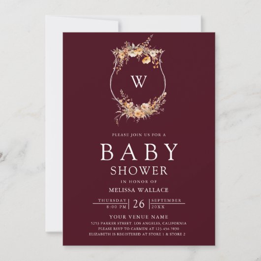 Herbst Wildblume Wappen QR Code Burgundy Kinderdus Einladung (Vorderseite)