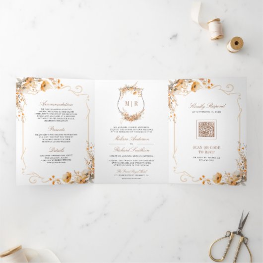 Herbst Wildblume Wappen QR Code Hochzeit Dreifach Gefaltete Einladung (Innenseite)