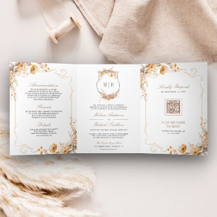 Herbst Wildblume Wappen QR Code Hochzeit Dreifach Gefaltete Einladung