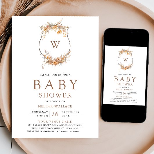 Herbst Wildblume Wappen QR Code Kinderdusche Einladung