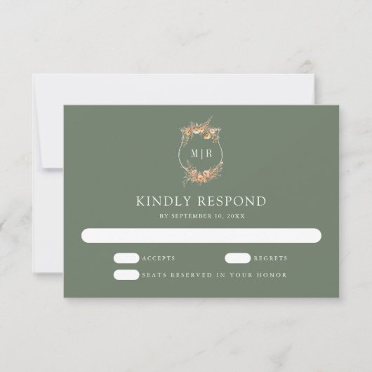 Herbst Wildblume Wappen Sage Green Wedding RSVP Karte (Vorderseite)
