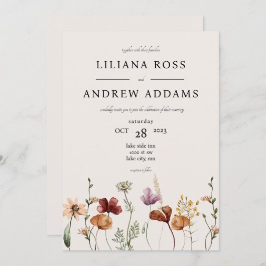 Herbst Wildblume Wasserfarbenhochzeit Einladung (Vorne/Hinten)