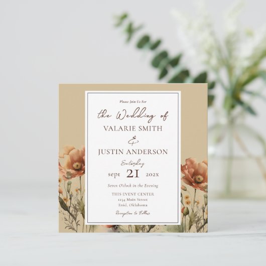 Herbst-Wildblumen Hochzeit in einer Einladung (Stehend Vorderseite)