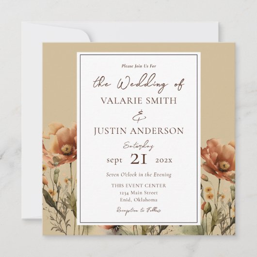 Herbst-Wildblumen Hochzeit in einer Einladung (Vorderseite)