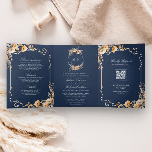 Herbst-Wildblumen-Kamm Navyblau QR-Code-Hochzeit Dreifach Gefaltete Einladung