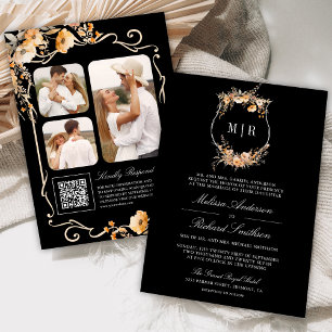 Herbst Wildblumen-Kamm QR-Code Schwarz Hochzeit Einladung