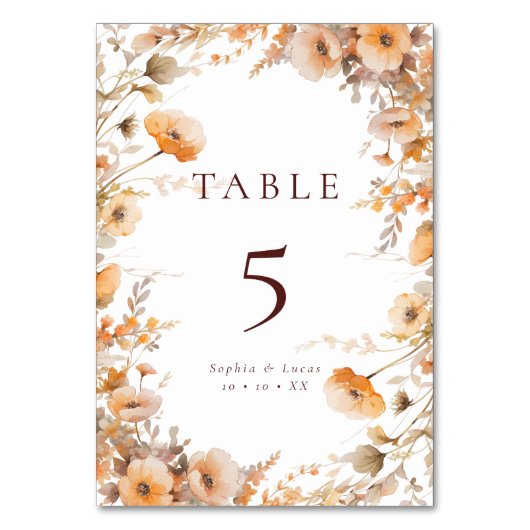Herbst-Wildblumen Orange & Brown Hochzeit Tischnummer (Rückseite)
