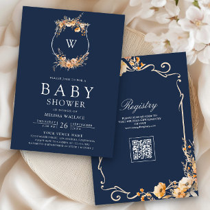 Herbst-Wildblumen-QR-Code-Navyblau-Baby-Party Einladung