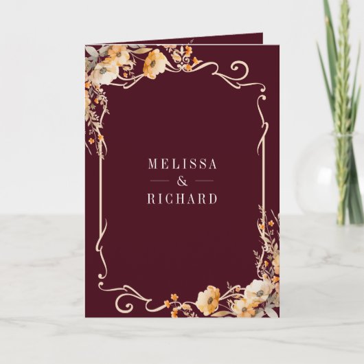 Herbst-Wildblumen-Wappen Burgunderrot QR-Code Hoch Einladung (Vorderseite)